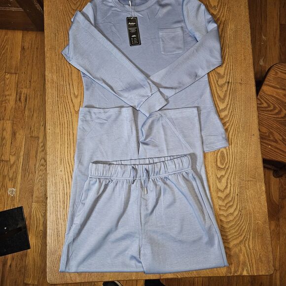 Fantaslook Blue Small Two Piece Lounge Set Outfit LS Top Wide Leg Pants - Picture 5 of 7